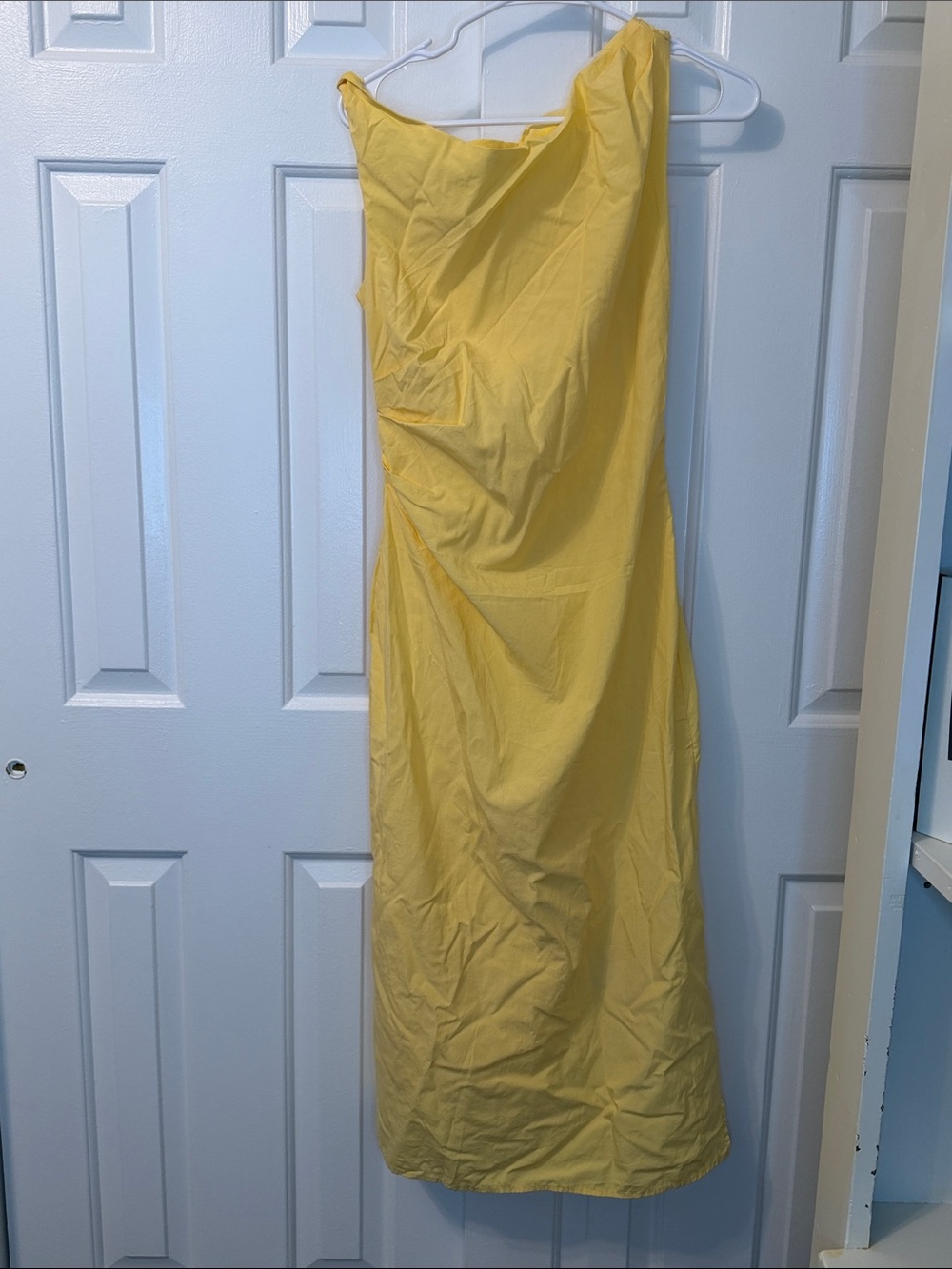 Mango MNG Draped Asymmetrical Midi Dress Yellow Ruched Side Slit Size 6
